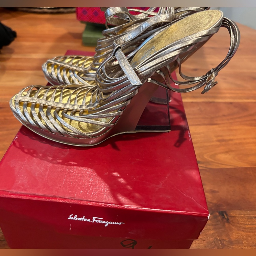 Ferragamo Gold Caged Metallic with Lucite Heel